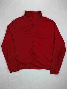 Feathers Red Mockneck Keyhole Blouse Women's Plus Size 2X Ruched Long Sleeve